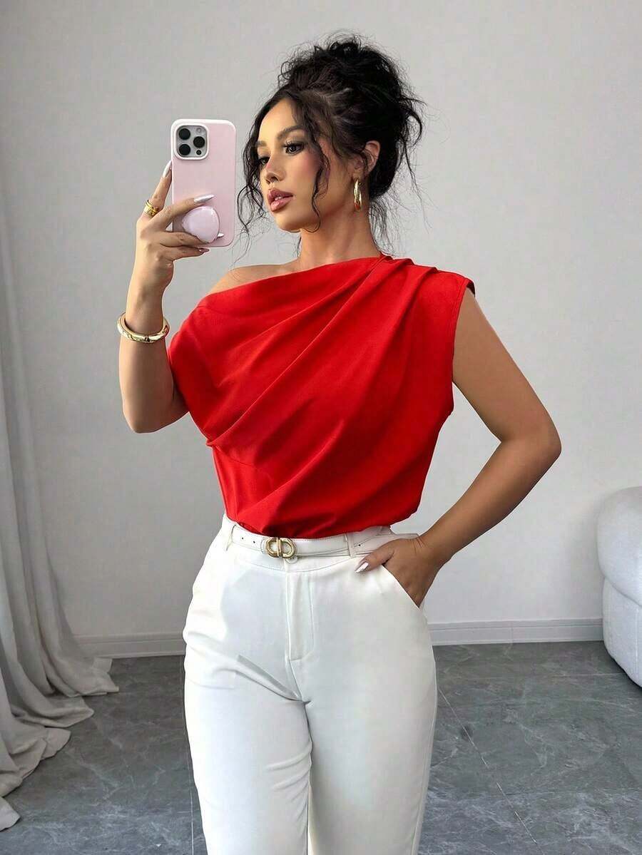 Blusa de unicolor con cuello asimétrico y plisado a la moda para mujeres - Rojo - Ver 1