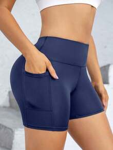 Pantalones cortos deportivos de verano para mujeres, Mallas deportivas para mujeres, Leggings con bolsillos, Shorts de ciclista negros, Pantalones cortos deportivos para mujeres con bolsillos, Pantalones de yoga de cintura alta con control de abdomen, pantalones compresión ajustados, Pantalones cortos de running con sensación de desnudez para entrenamiento - Azul marino - Ver 1