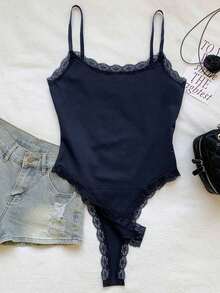 Body de encaje con parches, versátil para uso diario casual de mujer - Azul marino - Ver 5