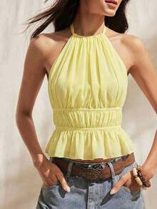 Blusa sin mangas para mujer con cuello halter plisado, ajustada a la cintura con lazo en la espalda y con la espalda descubierta - Amarillo claro - Ver 4