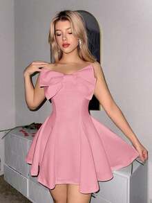 Vestido ajustado de unicolor para mujer con decoración de lazo y bajo acampanado, longitud mini - Rosa - Ver 6