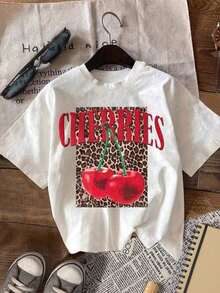 1 pieza de camiseta casual de manga corta con cuello redondo y estampado de cerezas para mujer talla grande , 180g, 100% algodón. - Blanco - Ver 1
