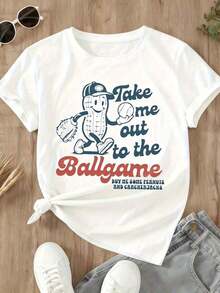 1 Piece "Take Me To The Game" Baseball Fan T-Shirt With Classic Peanut Character Design For Women And Men, Summer Casual Wear, 180g 100% Cotton - 黑色 - 查看 10