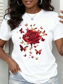 1 Piece Women's Round Neck T-Shirt With Rose And Butterfly Print, Soft, Comfortable And Breathable Fabric, Versatile And Practical Design For All Seasons, Elegant Fashion For Women, Soft Texture, Suitable For Casual Sportswear, Essential Garment For Holidays, 180g 100% Cotton. - 白色 - 查看 6