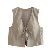 MUJER-Chaleco sin mangas con cuentas para mujer, chaleco recortado negro con cuello de pico, chaqueta para mujer, abrigos cortos atados, chalecos de moda para mujer 2025 - Caqui - Ver 1