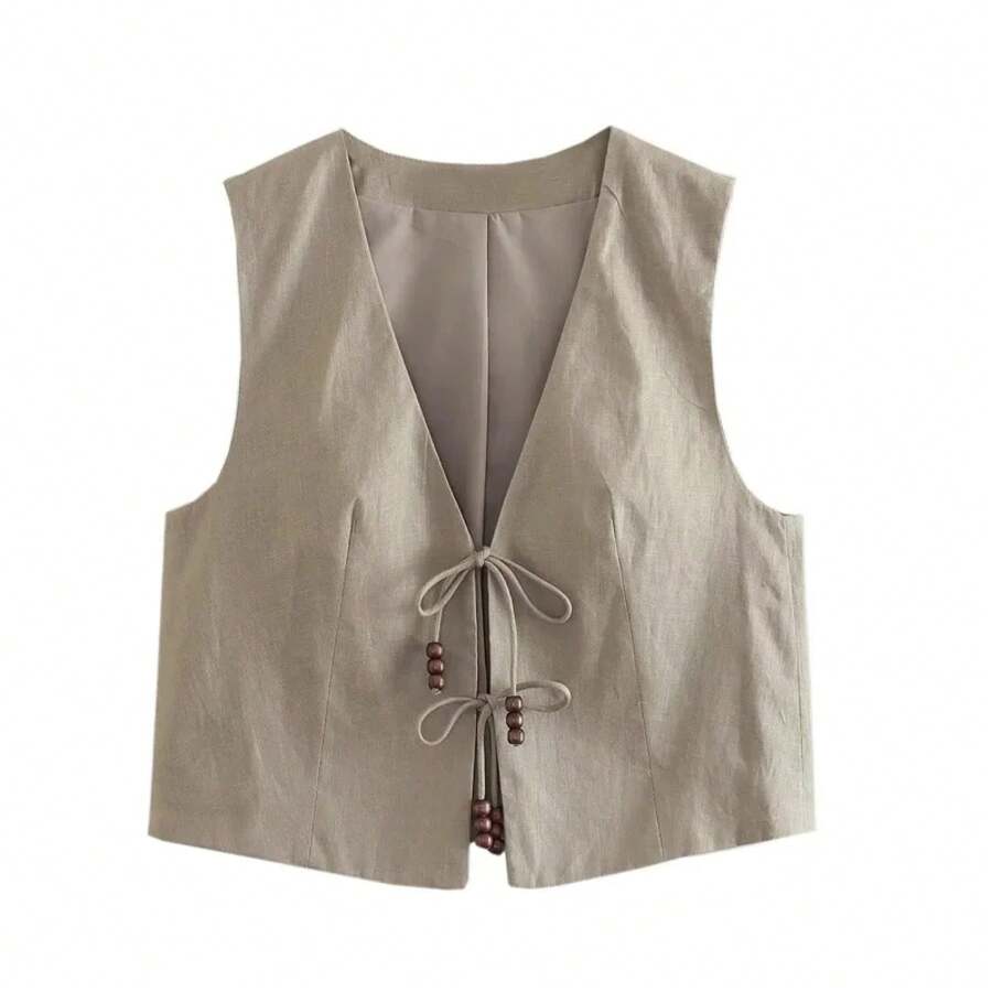 MUJER-Chaleco sin mangas con cuentas para mujer, chaleco recortado negro con cuello de pico, chaqueta para mujer, abrigos cortos atados, chalecos de moda para mujer 2025 - Caqui - Ver 1