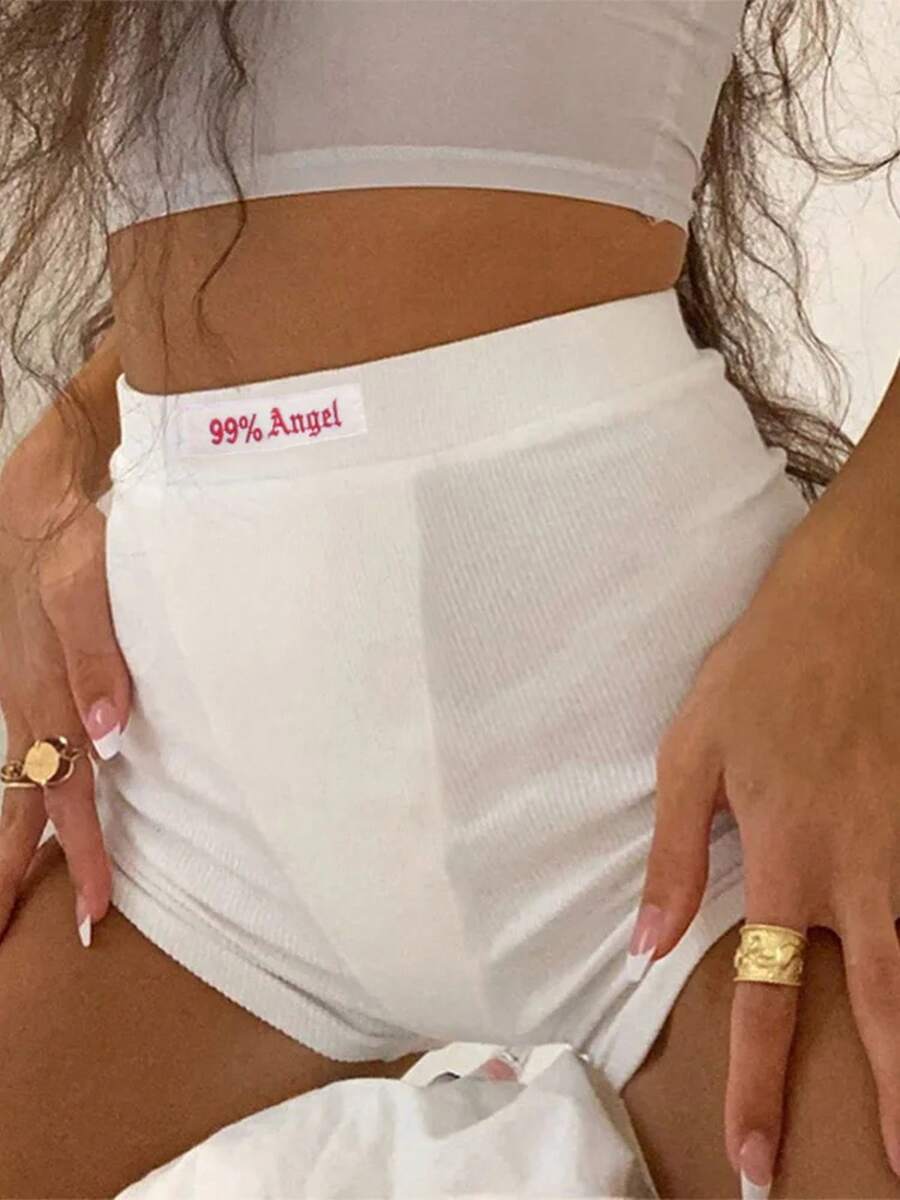 Pantalones cortos de motociclista con bordado de letras blancas para mujer, pantalones cortos informales de cintura alta, color negro, de punto acanalado, para verano - BLANCO - Ver 1