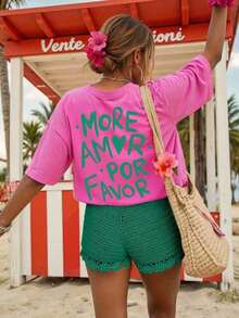 DrmWander Women's T-Shirt, Short Sleeve Graphic Tee, Casual Street Style, Cute Summer Top - 紫紅色 3 - 查看 4