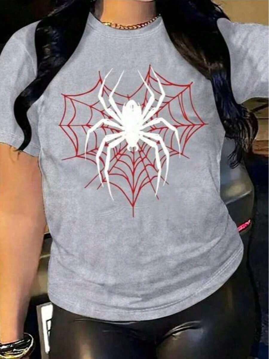 Free Shipping, Local Delivery In Mexico, Delivery In 4 Days. White Spider In A Scarlet Web Print T-Shirt With A Striking Design For Urban And Alternative Style. - Gris - View 1