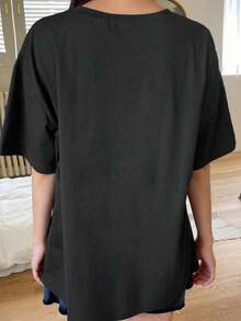 Camiseta oversize de verano con bordado de pato y escote de hombros caídos - Negro - Ver 2