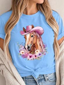 Women's Graphic T-Shirt, Short Sleeve, Round Neck, Basic, Comfortable, Cool, Lightweight, Modern, Youthful Print, Horse, Hat, Cowboy, Cowgirl, Western, Flowers, Floral, Watercolor - 天藍色 - 查看 1