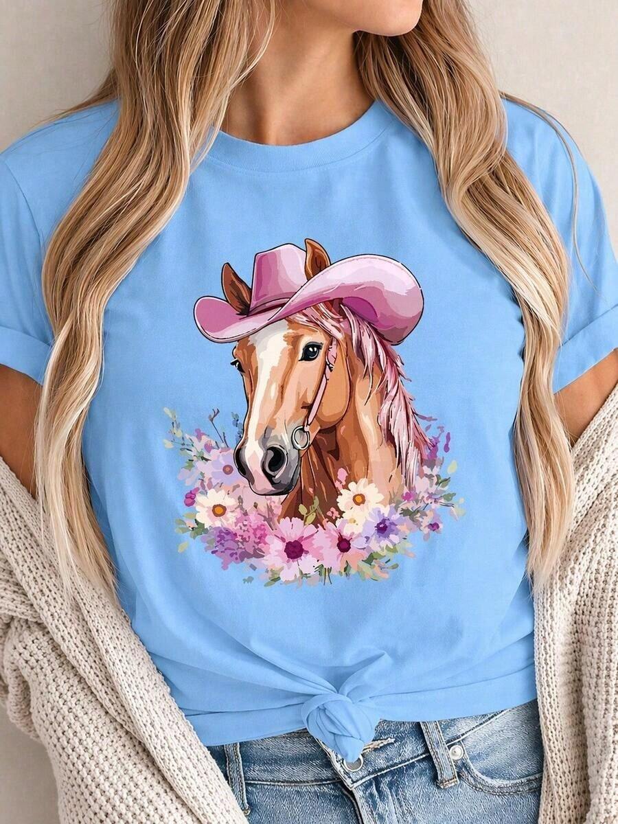 Women's Graphic T-Shirt, Short Sleeve, Round Neck, Basic, Comfortable, Cool, Lightweight, Modern, Youthful Print, Horse, Hat, Cowboy, Cowgirl, Western, Flowers, Floral, Watercolor - 天藍色 - 查看 1