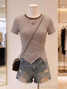 de manga corta con pliegues y bajo asimétrico de unicolor casual para mujer, verano - Multicolor 2 - Ver 4