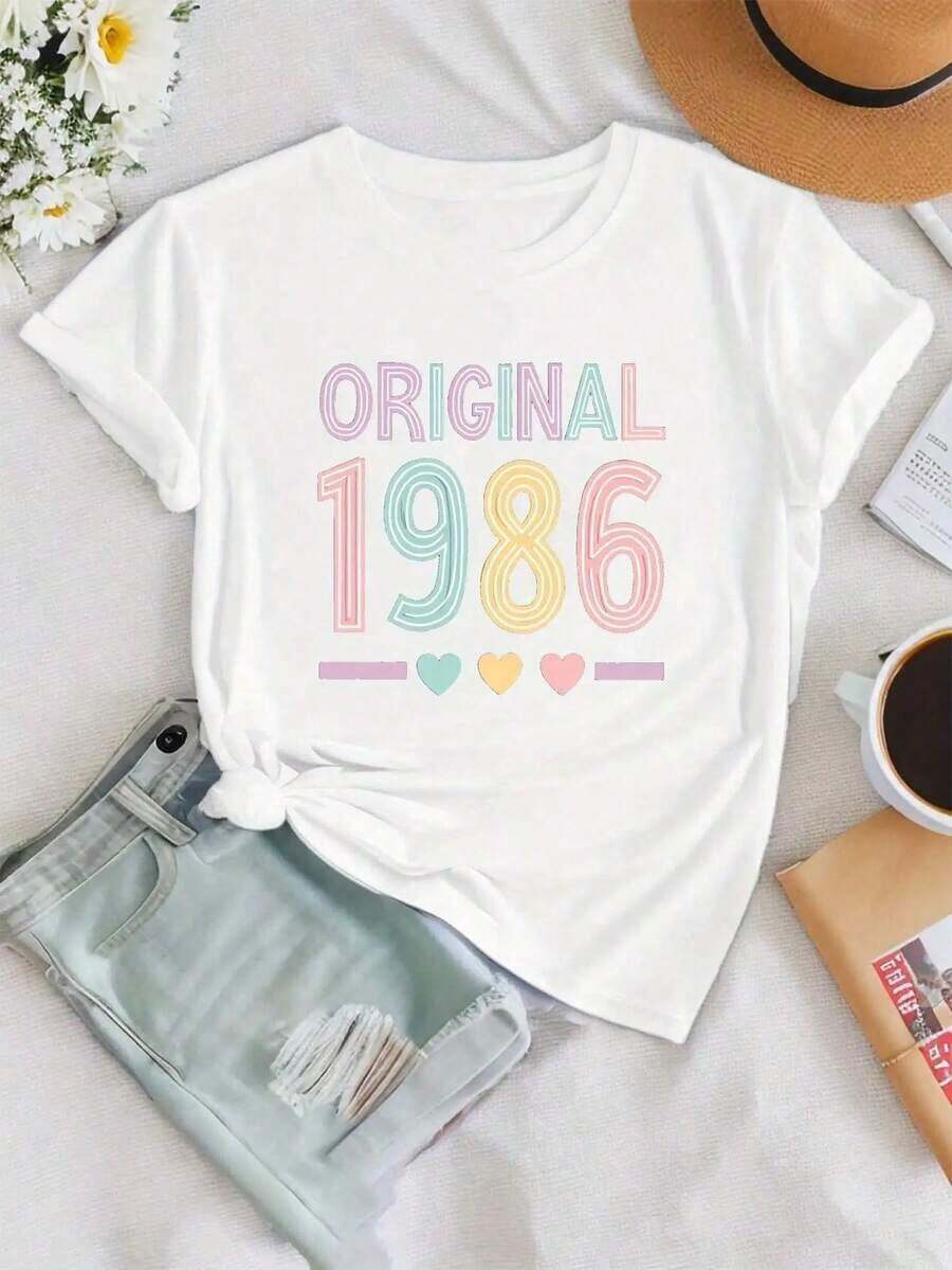 100% cotton Camiseta de manga corta con cuello de tripulación con estampado pastel de 1986, perfecta para primavera y verano, diseñada para mujeres. - Blanco - Ver 1