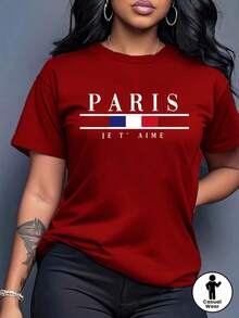 Women's Short-Sleeved T-Shirt With 'PARIS JE T'AIME' Flag Print, Round Neck, Machine Washable, Comfortable, Soft And Breathable, Suitable For Spring, Summer And Autumn. Loose, Casual, Elegant, Perfect For Everyday Wear And Available In Sizes S-XXL. - 紅色 - 查看 6