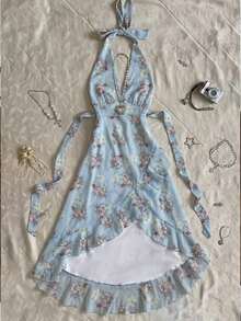 Vestido de verano con cuello halter y estampado floral diminuto para mujer - Celeste - Ver 5