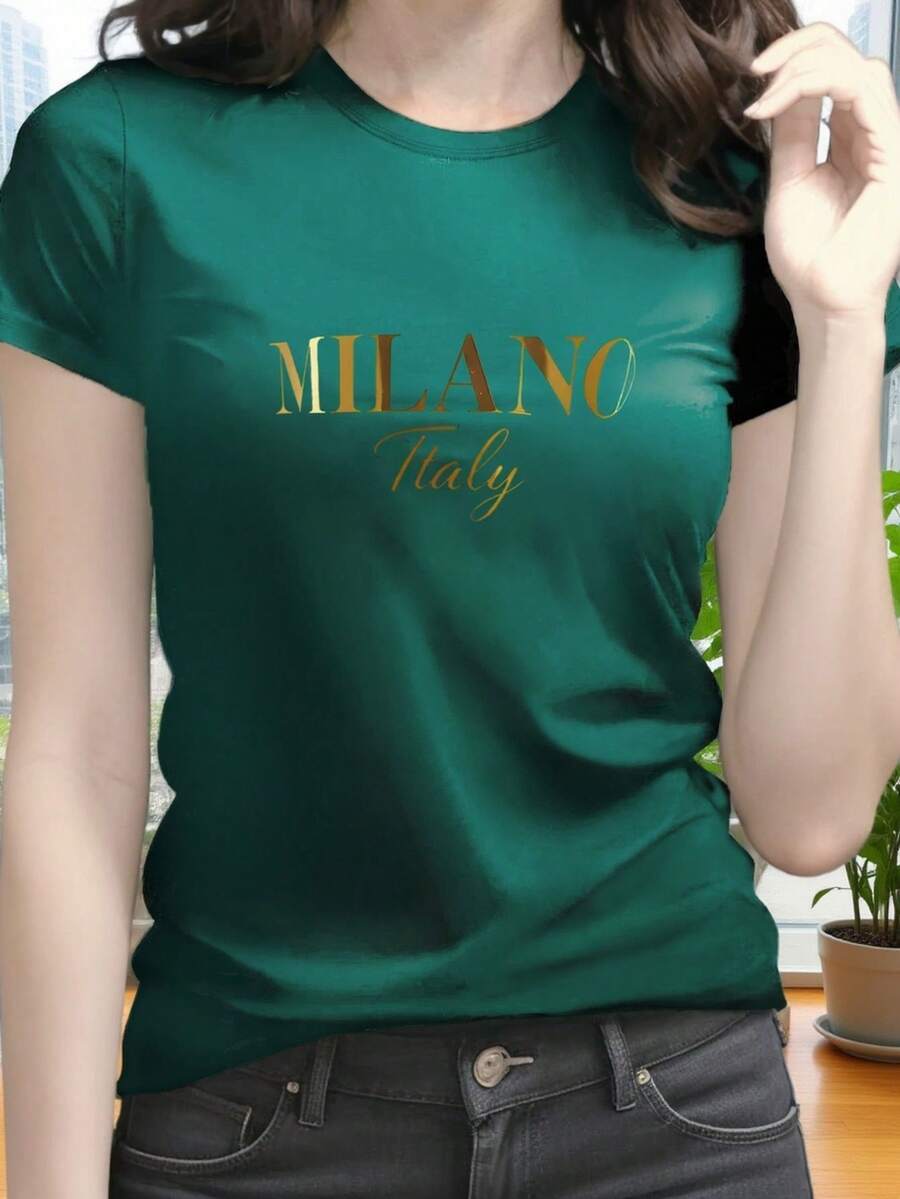 Women's Graphic T-Shirt - Casual Black Short Sleeve Crew Neck T-Shirt With Embossed White Letter Print, Breathable Polyester Fabric, Machine Washable, Spring/Summer T-Shirt, Women's T-Shirt, Everyday Wear T-Shirt, Modern Design, Comfortable Material, Printed - 綠色 - 查看 1