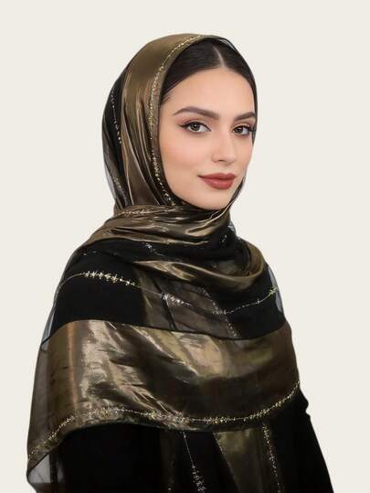 1pc Women's Chiffon Fashionable Elegant Muslim Hijab Headscarf, Patchwork Printed Design With Rhinestone Craftsmanship, Middle Eastern Style Long Scarf