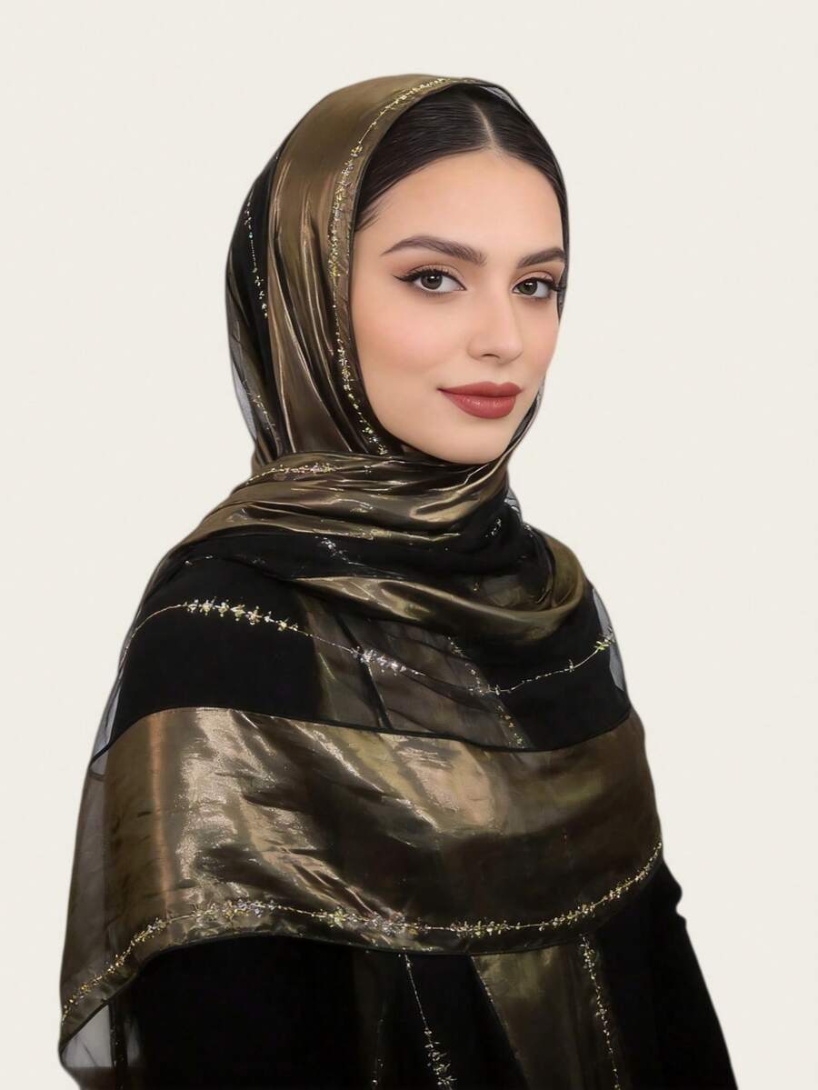 1pc Women's Chiffon Fashionable Elegant Muslim Hijab Headscarf, Patchwork Printed Design With Rhinestone Craftsmanship, Middle Eastern Style Long Scarf - Gold-stamped Rhinestone-embellished Long Scarf In Multiple Colors - View 1