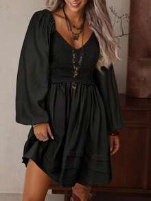Vestido bohemio de estilo mini con cuello en V, hueco, de ganchillo, parches, manga larga, cintura elástica y bajo suelto, en color albaricoque, para mujer, para otoño/invierno - Negro - Ver 7