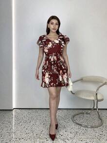 Vestido elegante y romántico para vacaciones con cuello en V con volantes, cintura ceñida y estampado floral en corte evasé para mujeres - Multicolor 8 - Ver 4