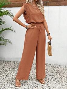 Conjunto de 2 piezas de blusa con ribete de encaje de unicolor y pantalones de pierna ancha para mujer, casual para vacaciones y viajes, primavera/verano - Naranja Coral - Ver 4