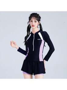 Swimsuit female split bath hot spring explosion advanced sense conservative surfing summer long sleeve sun protection swimsuit student - 黒と紫 - チェックする 5