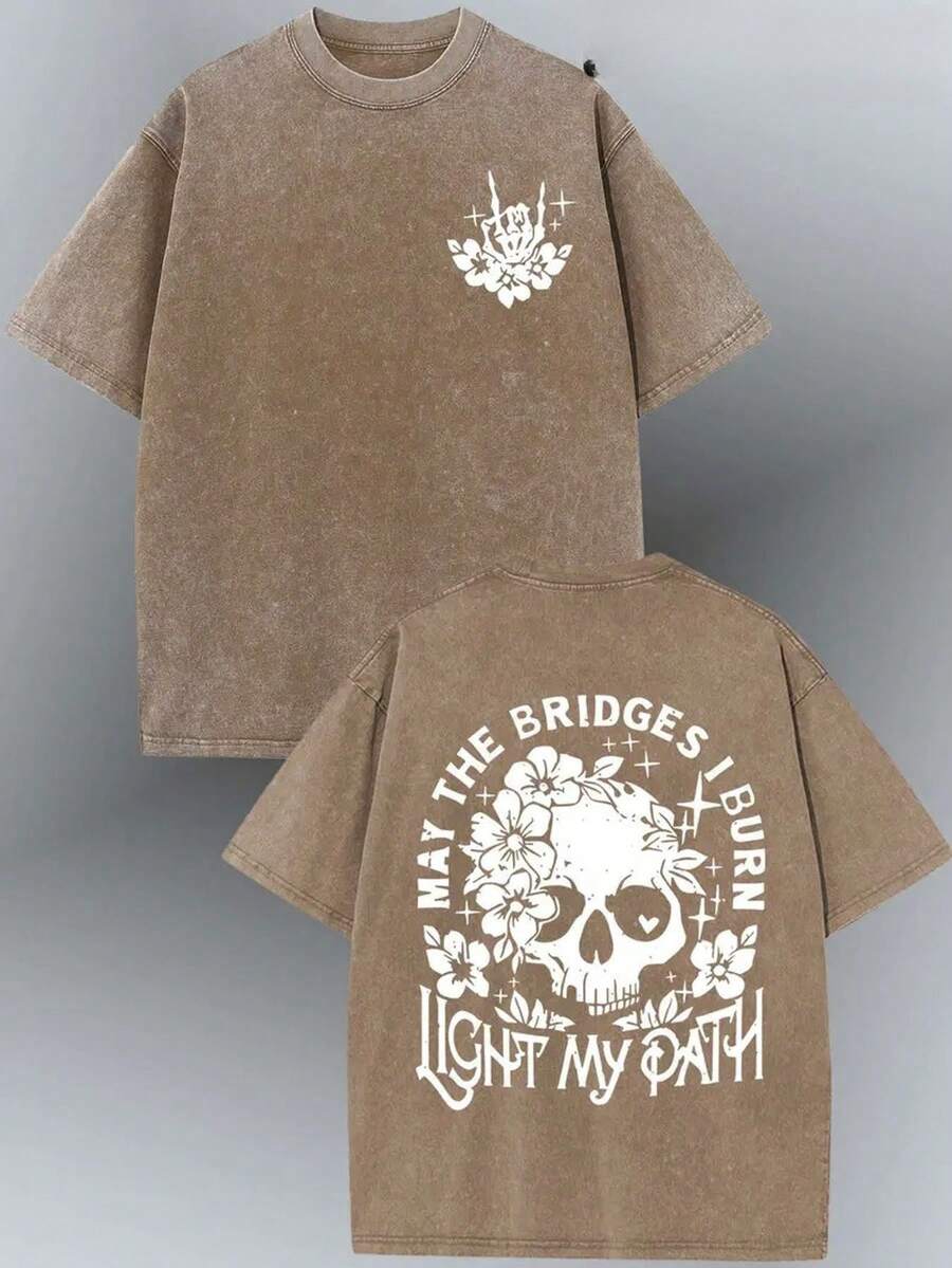 Washed 230g T-Shirt, "Lights ," High-Quality Batik Cotton, Vintage, Printed Design T-Shirt, Has A Suitable Thickness For Summer, Outdoor Activities, National Holiday Gift, Shipping - 咖啡色 - 查看 1