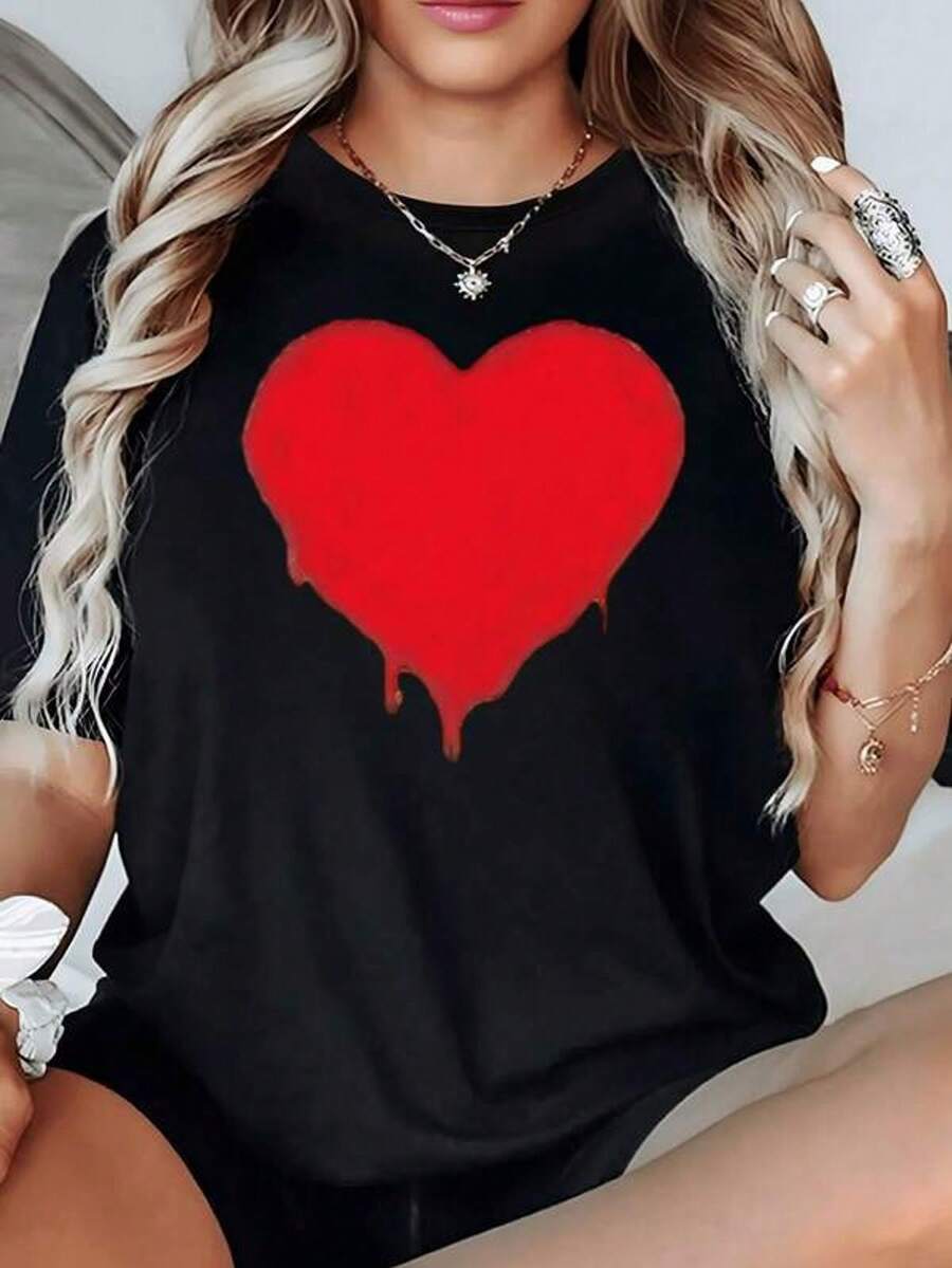 Large Bright Red Heart In The Center That Gently Drips, Symbolizing Passion And Deep Tenderness. Women's T-Shirt, 100% Cotton, 220g - Black - View 1