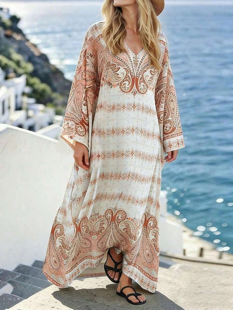 Vestido holgado de cuello en V para cubrir con estilo bohemio para vacaciones de playa en verano 2026, ropa bohemia para mujeres de talla grande, vestidos de talla grande para mujeres, ropa hippie de talla grande, vestido bohemio de talla grande, vestido kimono bohemio, vestido bohemio para vacaciones, vestido bohemio largo, vestido bohemio oversize, vestidos para mujer de manga larga y largo, vestido Zanzea para mujer, vestido para mujer, túnica, vestido de playa, ropa de resort para mujer, vestidos de playa para mujer, vestido largo estampado, vestido túnica para mujer - Caqui - Ver 1