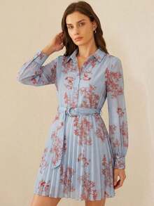 Aveloria Frievida Vestido con botón delantero con cinturón con estampado de flor - Celeste - Ver 6