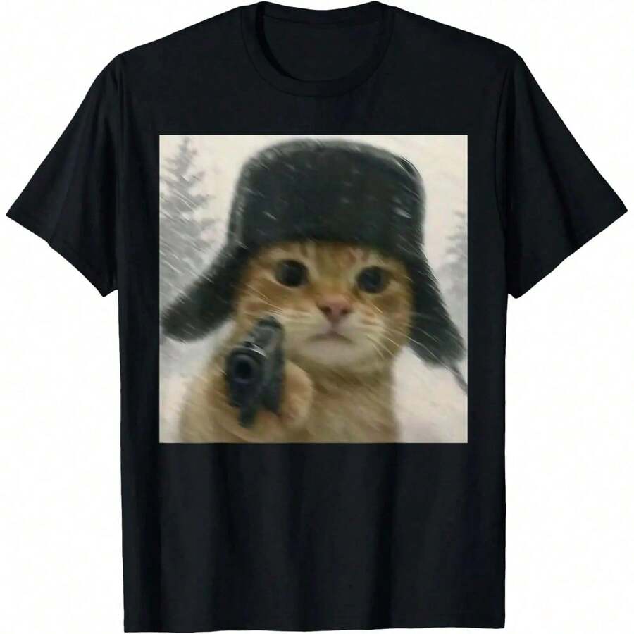 Funny T-Shirt With Crazy Cat Meme Wearing An Ushanka Hat NV4J - 黑色 - 查看 1
