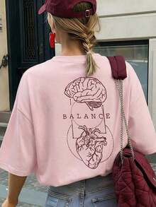 Camiseta Casual para Mujer, Estampado de Anatomía del Cerebro y el Corazón, Corte Holgado y Extragrande, Estilo Urbano, Cuello Redondo, Manga Corta, Ideal para Viajes Diarios, Paseos por la Ciudad, Salidas de Verano, Reuniones con Amigos, Brunches de Fin de Semana - Rosa 2 - Ver 1
