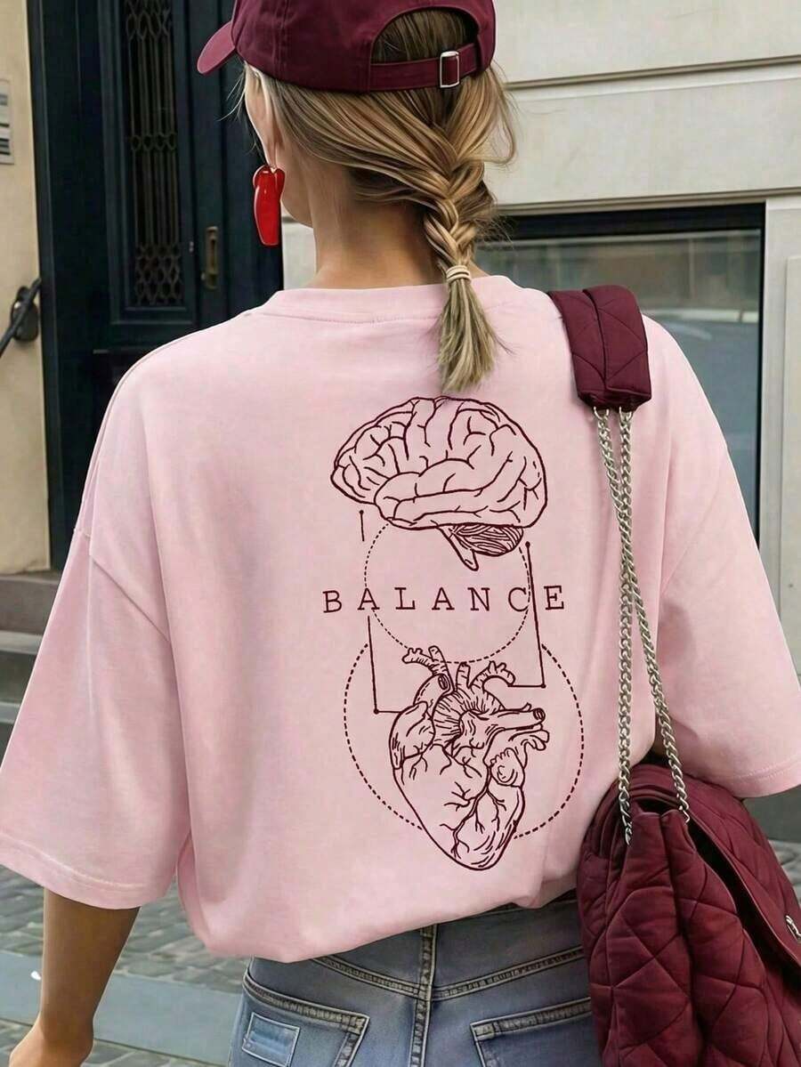 Camiseta Casual para Mujer, Estampado de Anatomía del Cerebro y el Corazón, Corte Holgado y Extragrande, Estilo Urbano, Cuello Redondo, Manga Corta, Ideal para Viajes Diarios, Paseos por la Ciudad, Salidas de Verano, Reuniones con Amigos, Brunches de Fin de Semana - Rosa 2 - Ver 1