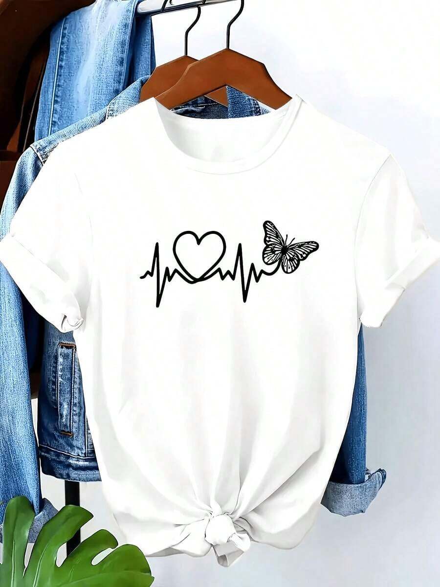 Camiseta Casual [Camiseta con Corazón Talla Grande] Talla Grande - Camiseta Estampada con Patrón de Corazón para Mujer, Estilo Nuevo y Moderno 2026 - Ropa Elegante y Cómoda para Mujer en Primavera, Verano y Otoño - Popular en Europa y América - Camiseta Casual de Manga Corta con Cuello Redondo y Estampado Gráfico - Camisetas Gráficas Occidentales - Ropa para Hombre - Camisas para Hombre - Camisetas Gráficas - Ropa para Mujer - Tops de Verano - Ropa de Verano 100% Algodón - Duradera - Blanco - Ver 1