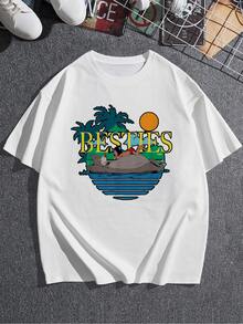 Ilustración de amistad entre un niño y un oso descansando bajo el sol entre palmeras simbolizando unión y momentos felices en la naturaleza camiseta de mujer  cómoda cuello redondo casual para verano - Blanco - Ver 3