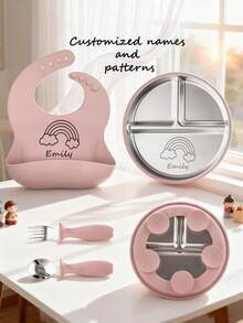 4pcs Baby Led Weaning Stainless Steel Tableware Set, Plates, Bowls, Stainless Steel Forks Spoons, Bibs, Customizable With Names And Patterns - Multicolor - View 2