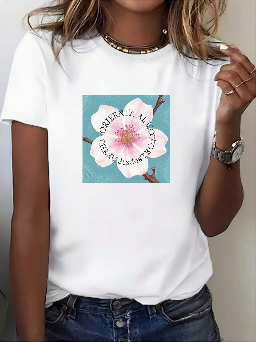 Camiseta Casual de Vacaciones para Mujer con Estampado Floral, Camiseta Casual de Primavera, Adecuada para Reuniones Familiares y Eventos de Verano - Top de Manga Corta Suave y Cómodo, Excelente Idea de Regalo. - Blanco - Ver 1