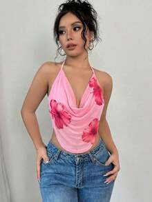 Camiseta ajustada con cuello en V profundo y estampado floral de malla elegante y sexy para mujer, ideal para el verano y las vacaciones - Rosa - Ver 5
