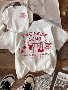 Women's Bride Club Bachelorette Party Print T-Shirt, Casual Short Sleeve Crew Neck T-Shirt For Women, Suitable For Vacation And Daily Wear - Unisex Vintage Urban Style Loose Cotton Crew Neck Short Sleeve T-Shirt, Blouses For Women. Blouses.Casual Blouses For Ladies. - 白色 - 查看 7