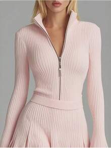 Casual y de moda mini falda de punto rosa claro cuello de pie - Rosa - Ver 4