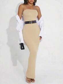 Vestido largo convertible sin tirantes para mujer (se puede plegar en un vestido corto) Negro elegante de verano - Champán - Ver 4