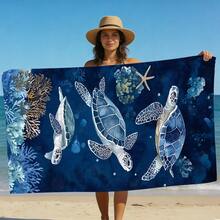 1 Stück extra große marineblau Ozean Schildkröte Muster Strandtuch, Aquarellstruktur Schildkröte und Koralle, hüllen Sie sich in die Sanftheit und Kühle der Tiefsee ein. Dieses Gemälde verwendet ein tiefes Indigoblau als Basis und verwendet Aquarell, um eine Unterwasseratmosphäre zu schaffen, mit drei eleganten blauen Meeresschildkröten, die von Korallen, Seesternen und Blasen begleitet werden, und verströmt eine heilende Ozeanvibe. - I - Übersicht 3