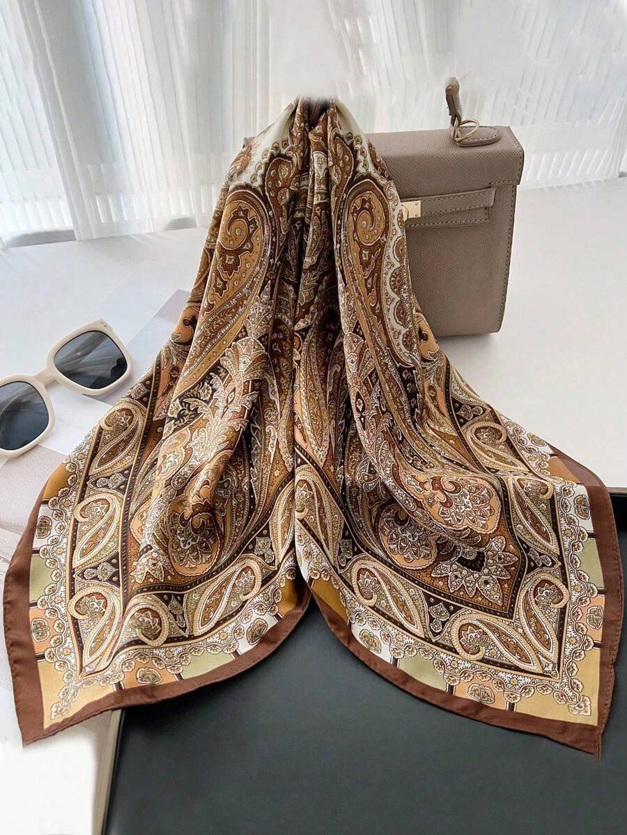1pc Women's Minimalist Printed 70cm Square Scarf, New Fashion Ladies Headscarf, Versatile Waist Belt Hair Accessory Silk Scarf Vacay Bandanas - Multicolor - View 1