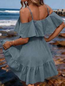 Vestido corto elegante de mujer con cuello en V, volantes, cintura y línea A, con estampado de lunares marrones y hombros descubiertos - Azul - Ver 2