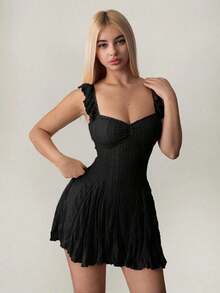 Vestido mini de línea A con parches de encaje, color albaricoque, para verano - Negro - Ver 6
