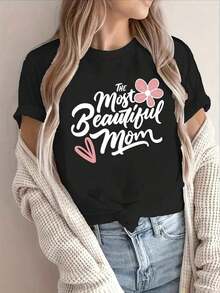 Camiseta Casual de Cuello Redondo para Mujer con Estampado de Letras Elegante para Primavera y Verano - Negro - Ver 6