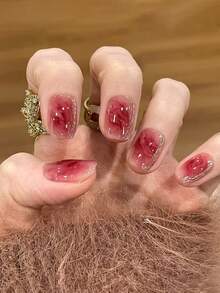30片柔软美观的美甲贴纸，酒红色扎染假指甲，带金色镶边和闪粉，XS/S/M码 - 彩色 - View 2