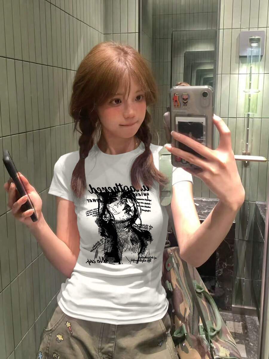 女款美式復古人像與字母印花修身圓領短袖T恤,白色上衣,休閒夏季款 - 白色 - 查看 1