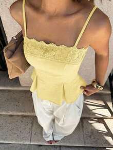 Camiseta de tirantes elegante de unicolor con parches de encaje para el verano - Amarillo - Ver 9